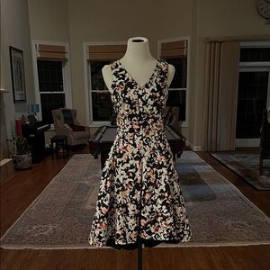White House Black Market Black Floral V-Neck Fit & Flare Dress